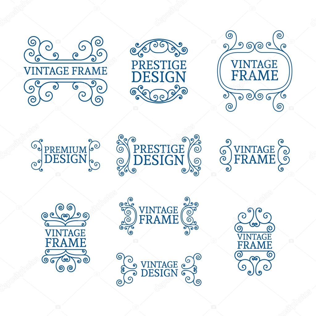 Vintage luxury logo template set with flourishes elegant lines. A set of signs, badges, frame, border, emblems with swirls. Vector