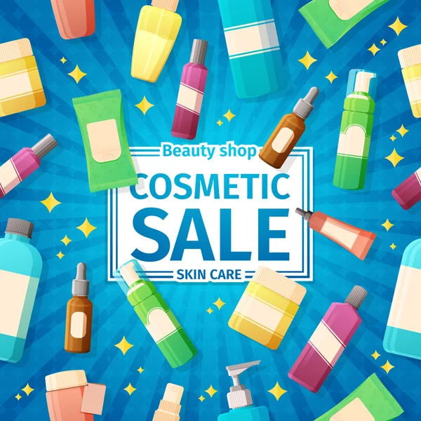 Design posters, brochures and banners on the sale of cosmetics bottles. For sales of cosmetics for skin care. On the bright blue background — Vettoriale Stock