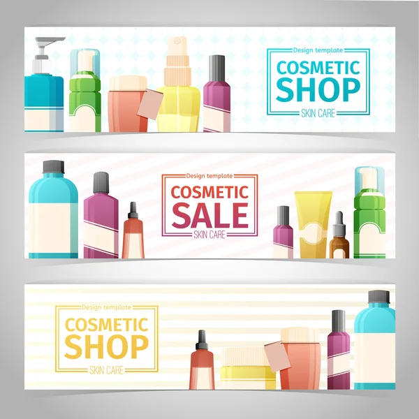 Horizontal design template of brochures, booklets, posters, banners about cosmetics shop. Design with bottles, tube of decorative cosmetics. Vector. — Vetor de Stock