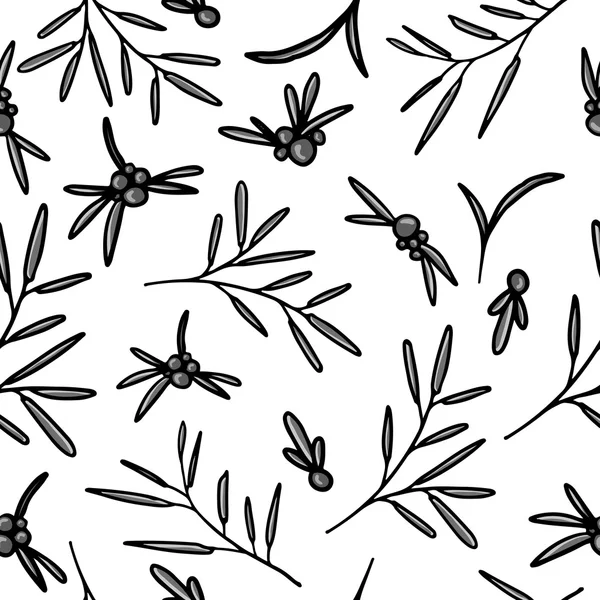 Seamless monochrome simple pattern with berries, twigs and leaves. White background. Vector — Stock Vector