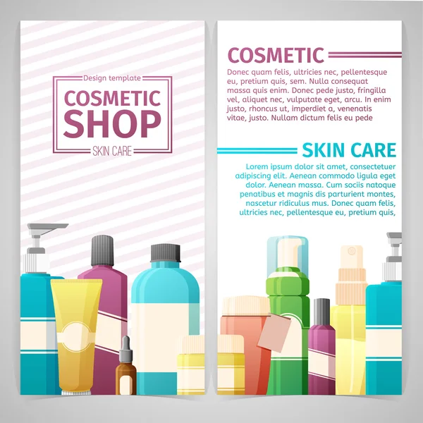 Vertical design template of brochures, booklets, posters, banners about cosmetics shop. Design with bottles, tube of decorative cosmetics. Vector. — Stok Vektör