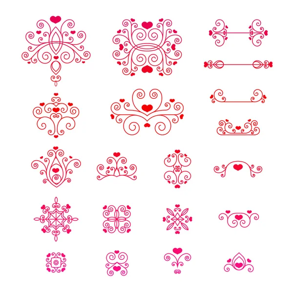 Set calligraphic design elements Valentines day and page decoration. Swirls, lines, decorative elements with hearts for design and layout templates. — Vector de stock