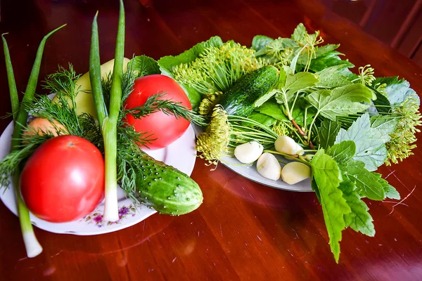 Tomate, pepino, cebola verde, alho, pimentão e ervas . — Fotografia de Stock
