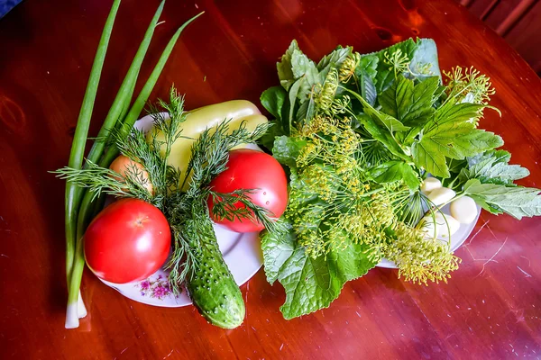 Tomate, pepino, cebola verde, alho, pimentão e ervas . — Fotografia de Stock