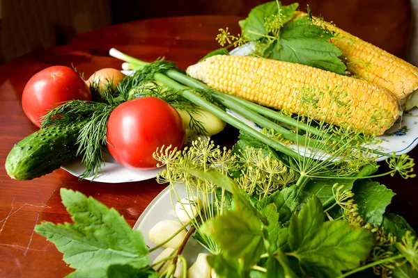 Tomatoes, cucumber, dill, garlic, pickles and corn. — Stock Photo, Image