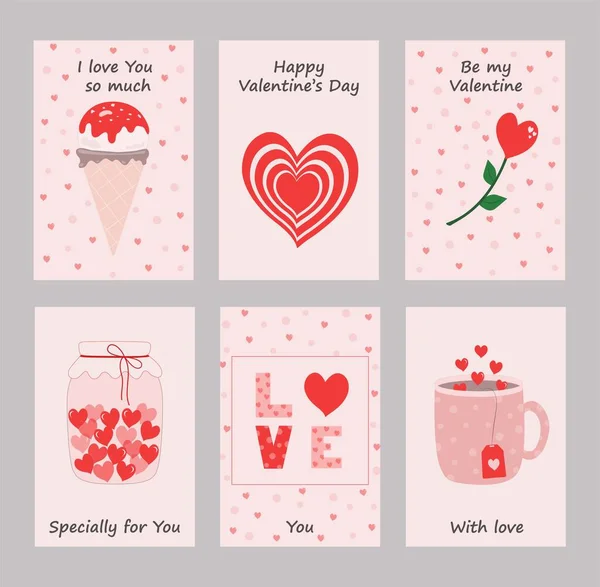 Conjunto Tarjetas San Valentín Ilustración Vectorial Helado Tarro Corazones Flor — Vector de stock