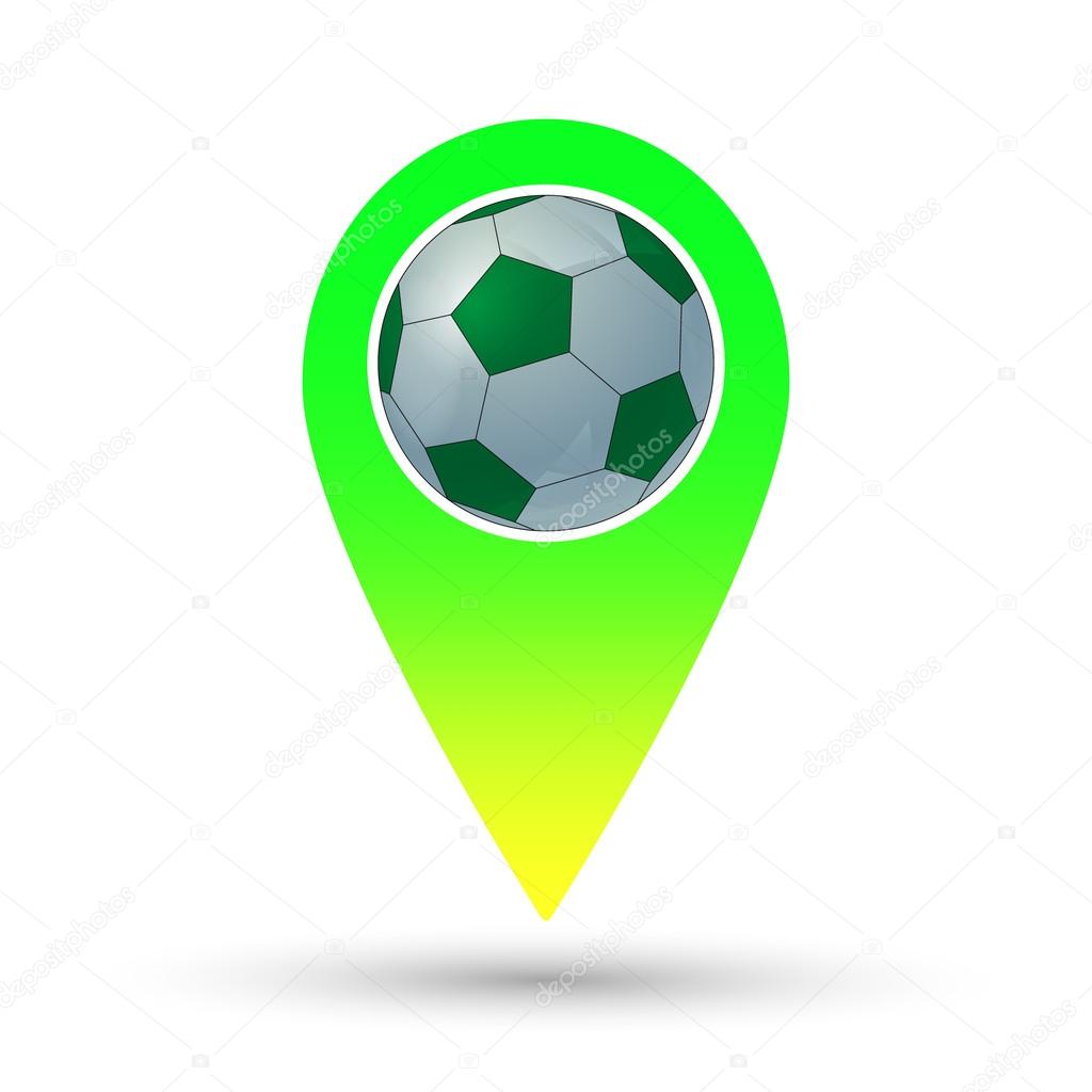 Soccer ball with navigation pointer icon. Colorful location mark icon. Vector illustration