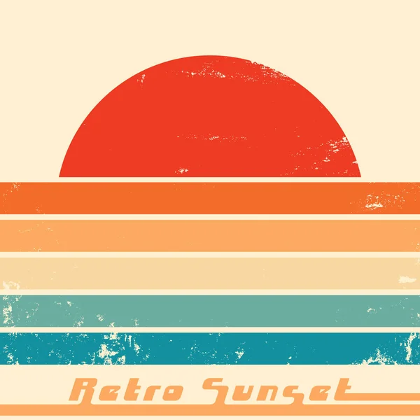 Antika grunge desenli Retro Sunset posteri. Vektör illüstrasyonu.