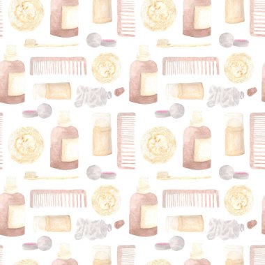 Çevre dostu hijyen ürünleri, sprey, lif, diş fırçası, balsam, ahşap saç tarağı, suluboya çizimler.