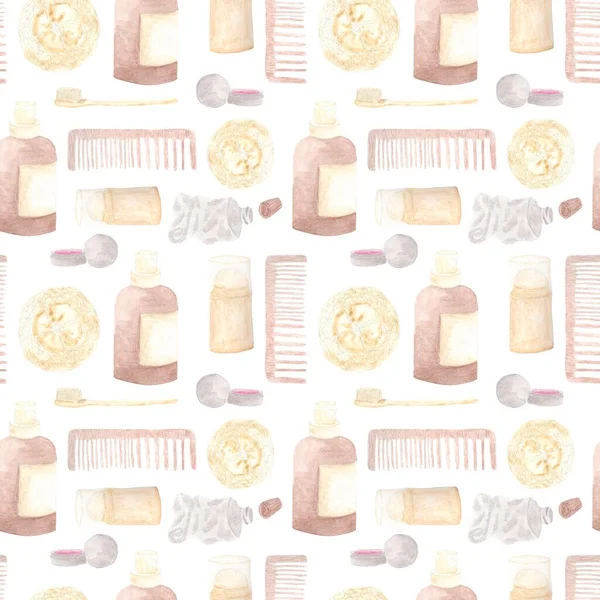 Pattern of eco-friendly hygiene products, spray, loofah, toothbrush, balsam, wooden hair comb, watercolor drawings