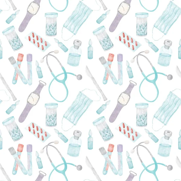 Seamless pattern of medical attributes blood test tubes, tablets, ampoules, mask, phonendoscope, scalpel, wrist watch for fabric