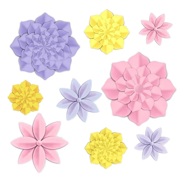 A set of illustrations in the technique of paper flowers of different colors and sizes, purple, pink, yellow