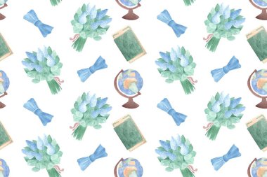 Mezuniyet partisi için kusursuz desen, diploma ve diplomanın suluboya çizimi, kelebek, leylak buketi, dünya, yeşil, kahverengi ve mavi kolo