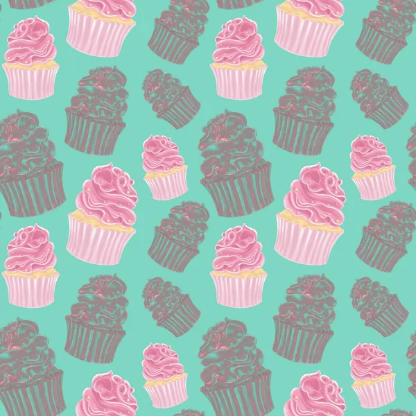 Das Muster Aus Bunten Rosa Cupcakes Und Linearen Mustern Auf — Stockfoto