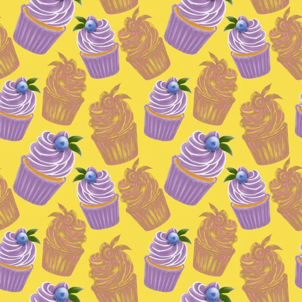 Patrón Cupcakes Púrpura Dibujos Línea Línea Brillante Sobre Fondo Amarillo —  Fotos de Stock