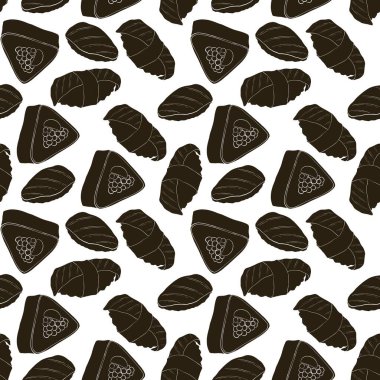 Siyah siluetin kusursuz deseni suşi ve beyaz arka planda yuvarlanıyor.