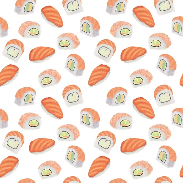 Bezešvé Vzor Sushi Role Bílém Pozadí Japonské Jídlo Losos Rýže — Stock fotografie