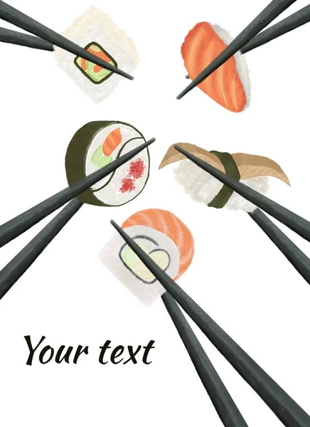 チラシ メニュー ポストカード用の竹棒テンプレートで撮影された寿司やロールのイラスト — ストック写真