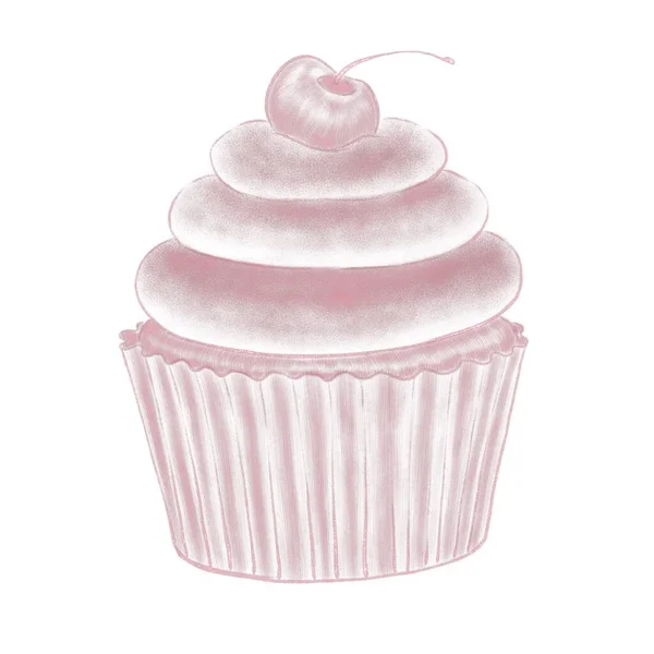 Gyönyörű Desszert Cupcake Vonal Illusztráció Kikeléssel Rózsaszín Fényes Vonal Elszigetelt — Stock Fotó
