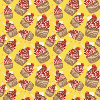Kırmızı kremalı, çilekli, çikolatalı keklerin sarı arka planında parlak desenler ve şekerleme ürünlerinin parlak bir mum tasarımı.