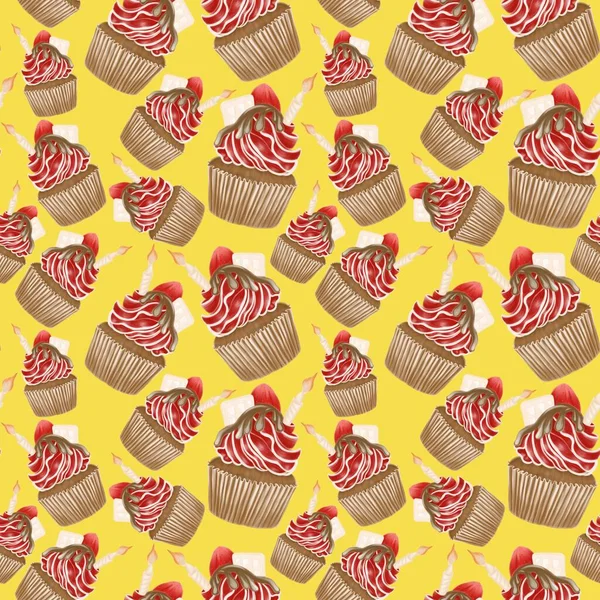 Bright Pattern Yellow Background Chocolate Cupcakes Red Cream Strawberries Candle — Stock Photo, Image