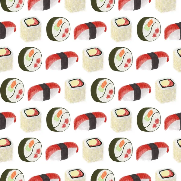 白を基調に キャビア クリームチーズ ご飯と巻き寿司のパターンがシームレス — ストック写真