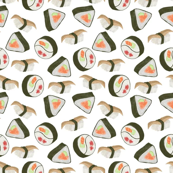 Sushi Rolls Seamless Pattern White Background Japanese Food Caviar Úhoř — Stock fotografie