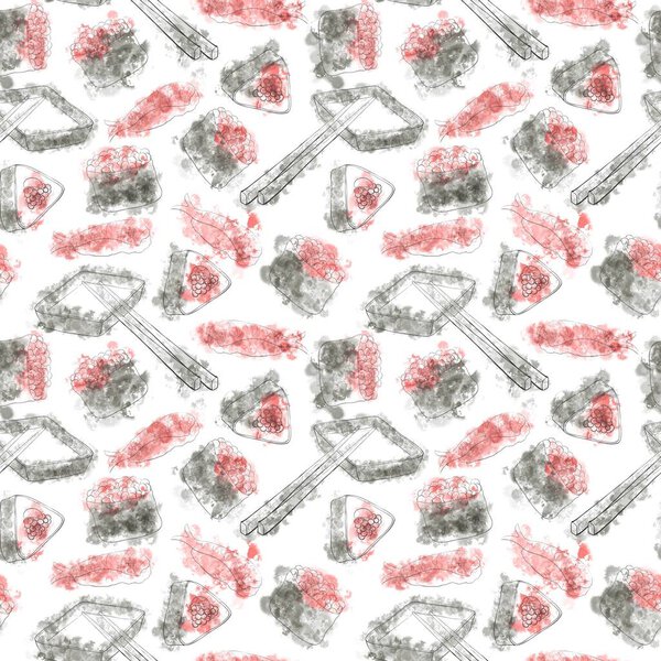 Watercolor pattern of contour drawings of Japanese food sushi and rolls in red and black on a white background