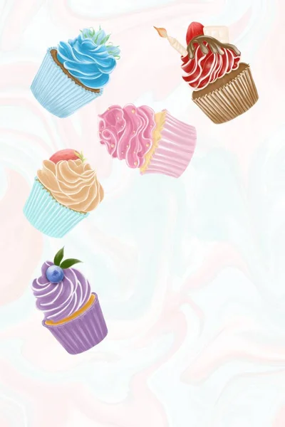 Ilustración Grupo Cupcakes Sobre Fondo Con Hojas Rayas Rosadas Portada — Foto de Stock