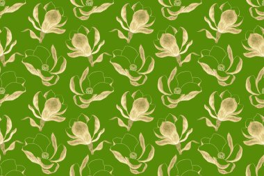 Açık yeşil arka planda parlak, sulu, pürüzsüz desen, manolya çiçeğinin altın çizimleri.