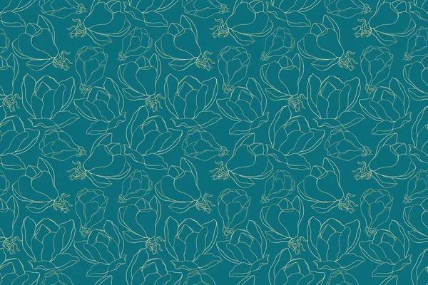 Krásné Bezešvé Vzor Zlaté Magnólie Květiny Tmavozeleném Pozadí — Stock fotografie