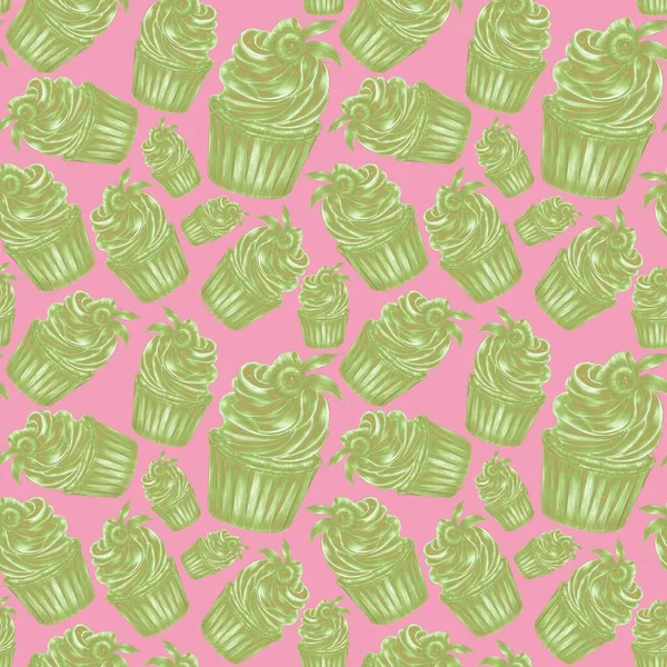 Patrón Cupcakes Verdes Eclosionados Sobre Fondo Rosa Diseño Envases Confitería —  Fotos de Stock