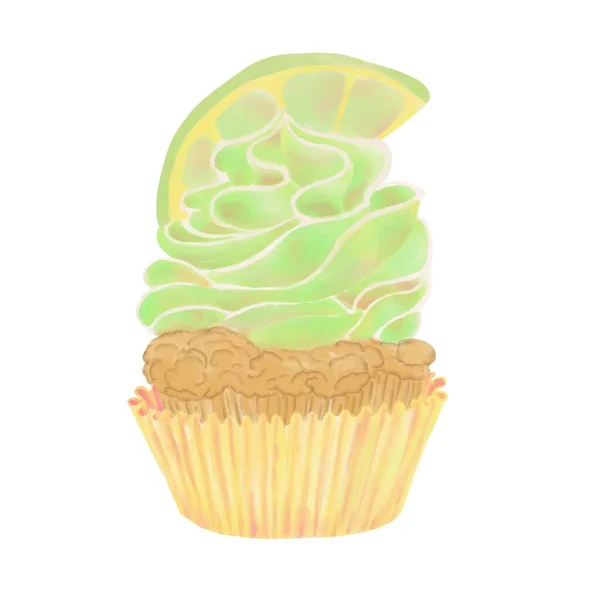 Ilustração Delicada Cupcake Com Creme Verde Cor Chocolate Limão Textura — Fotografia de Stock