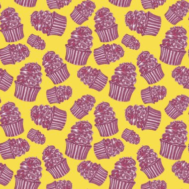 Parlak, eğlenceli, mor kapkek deseni sarı renkli arka planda