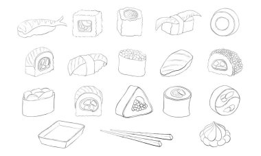 Suşi ve rulo çizimleri, beyaz arka planda Japon yemekleri, izole edilmiş elementler.