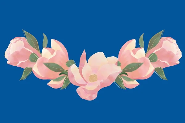 Композиції Рожевих Квітів Магнолії Зеленого Листя Золотими Контурами Прикраси Прикраси — стокове фото
