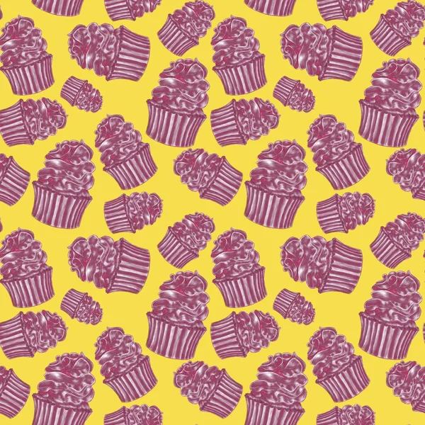 明るい 楽しい 黄色のトレンディーな背景に紫色のカップケーキのパターン — ストック写真