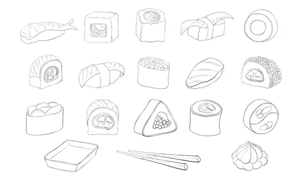 Set Illustrazioni Contorno Sushi Panini Cibo Giapponese Sfondo Bianco Elemento — Foto Stock