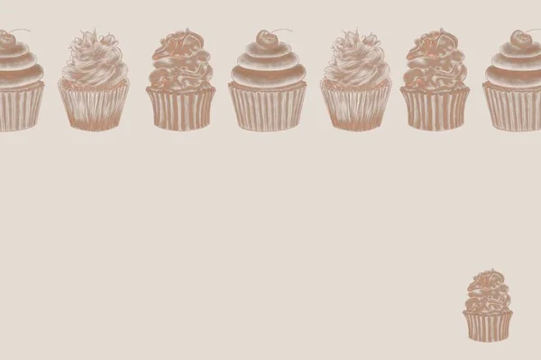 Névjegykártya Sablont Egy Cukrász Lineáris Fényes Illusztrációk Cupcakes Bézs Alapon — Stock Fotó