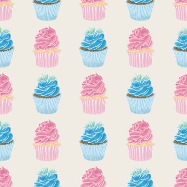 Eşit aralıklarla aralıklı, kum arka planında mavi ve pembe keklerin geometrik, pürüzsüz deseni