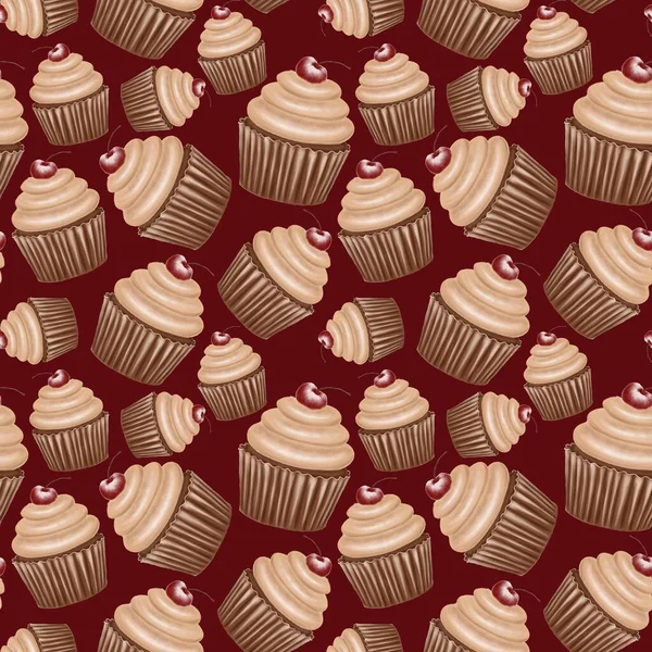Patrón Borgoña Con Cupcakes Chocolate Cerezas Crema Caramelo Diseño Confitería — Foto de Stock