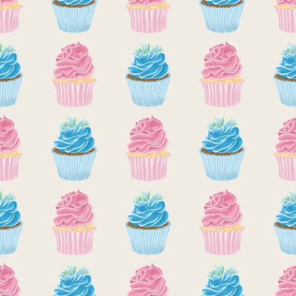 Geometric Seamless Pattern Evenly Spaced Blue Pink Cupcakes Sand Background — Stock Photo, Image