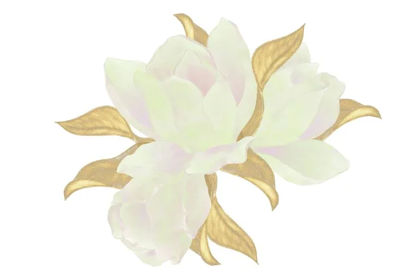 Dekorativ Sammansättning Vita Blommor Och Guld Blad För Dekoration Bröllop Stockbild