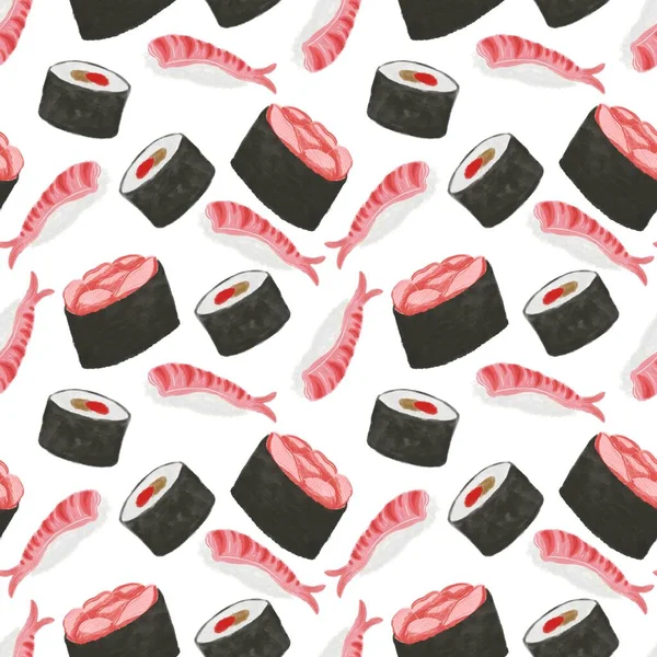 Sushi Rotoli Seamless Pattern Sfondo Bianco Cibo Giapponese Gamberetti Merluzzo — Foto Stock