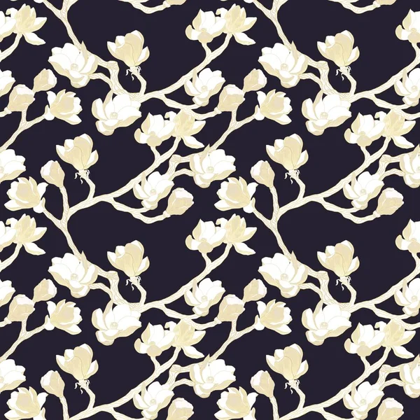 Luxury Seamless Pattern Gold Colored Magnolia Flower Branches Black Background — Stock Photo, Image