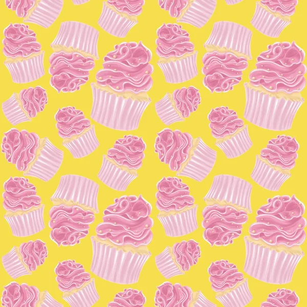 Patrón Cupcake Rosa Sobre Fondo Amarillo Diseño Pastelería Brillante Sin — Foto de Stock