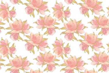 Pembe çiçekler ve altın yaprakların lüks kompozisyonu, beyaz arka planda pürüzsüz bir desen.