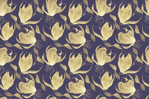 Gold hatched illustrations of flowers and leaves, magnolia plants on a dark purple background, seamless pattern