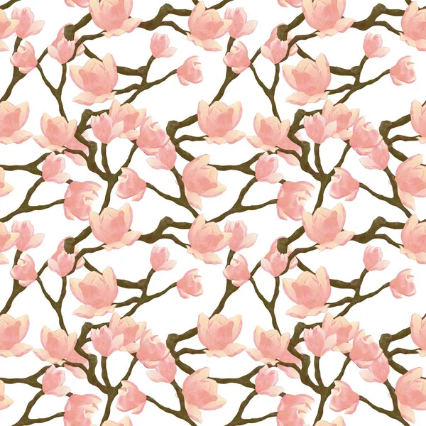 Розовые Цветы Магнолии Ветках Бесшовный Узор Белом Фоне — стоковое фото