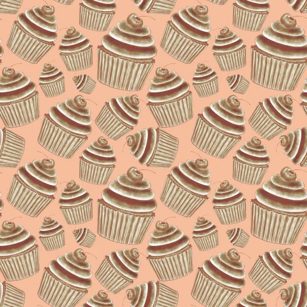 Csokoládé Zökkenőmentes Cupcake Minta Cseresznye Bézs Alapon Stílusos Cukrászati Design — Stock Fotó